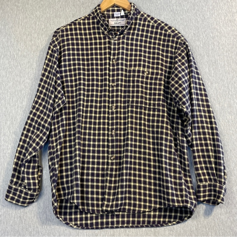 Haupt Flannel Shirt Men’s Medium 15 1/2 Purple Brown Button Down Cotton Germany
